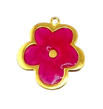 Pink Resin Boho Flower Charm, Satin Gold Plated - ST778