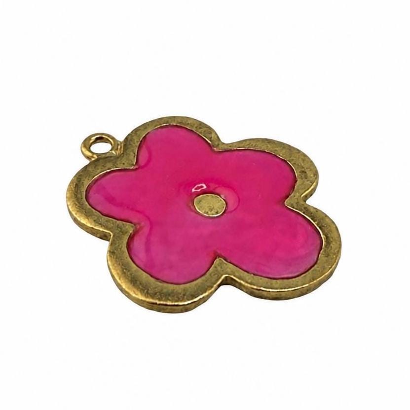 Pink Resin Boho Flower Charm, Antiqued Gold Plated - AG777