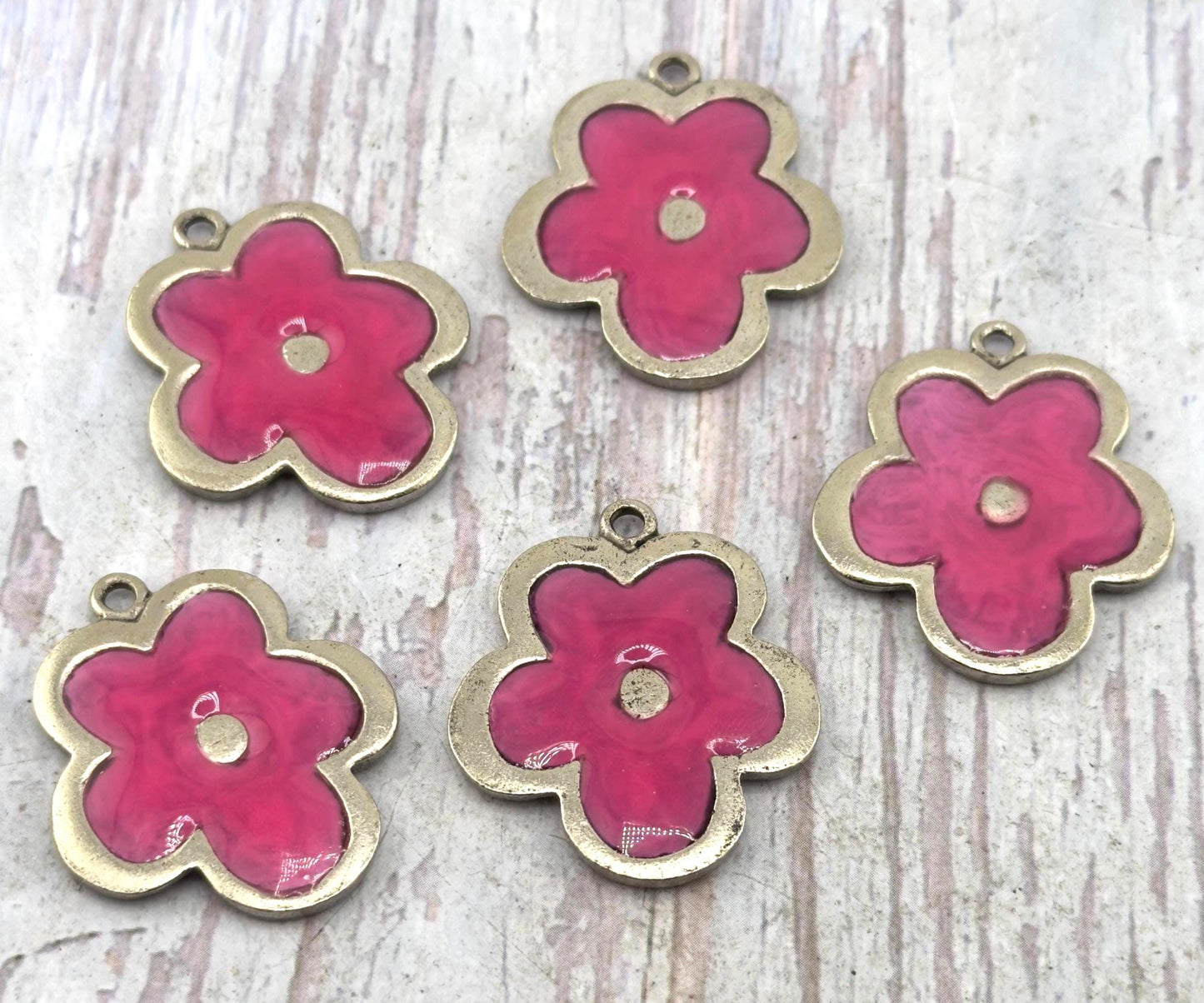 Pink Resin Boho Flower Charm, Antiqued Pewter - PT779