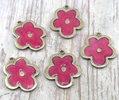 Pink Resin Boho Flower Charm, Antiqued Pewter - PT779