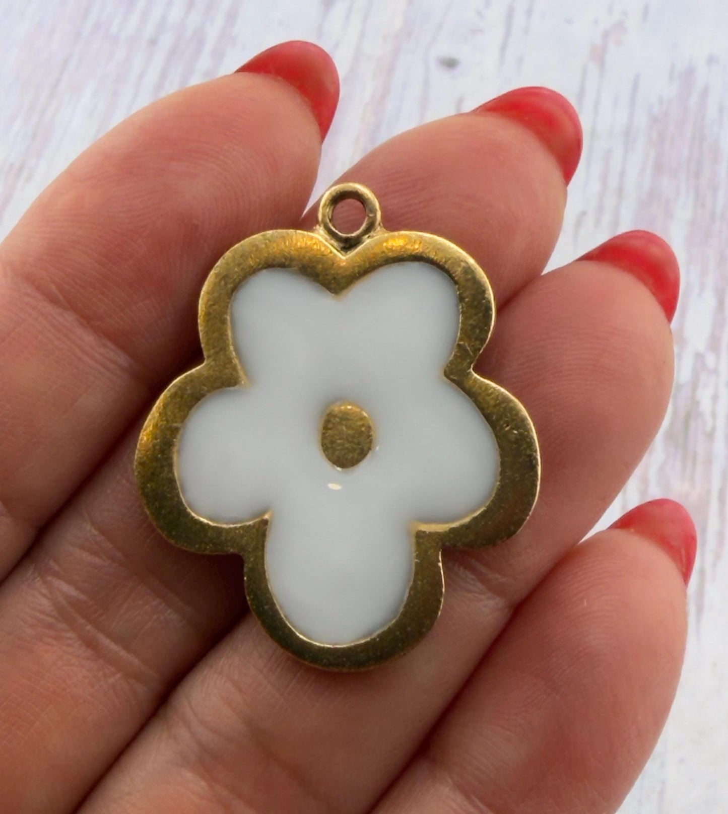 White Resin Boho Flower Charm, Antiqued Gold Plated - AG771