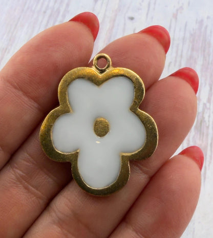 White Resin Boho Flower Charm, Antiqued Gold Plated - AG771