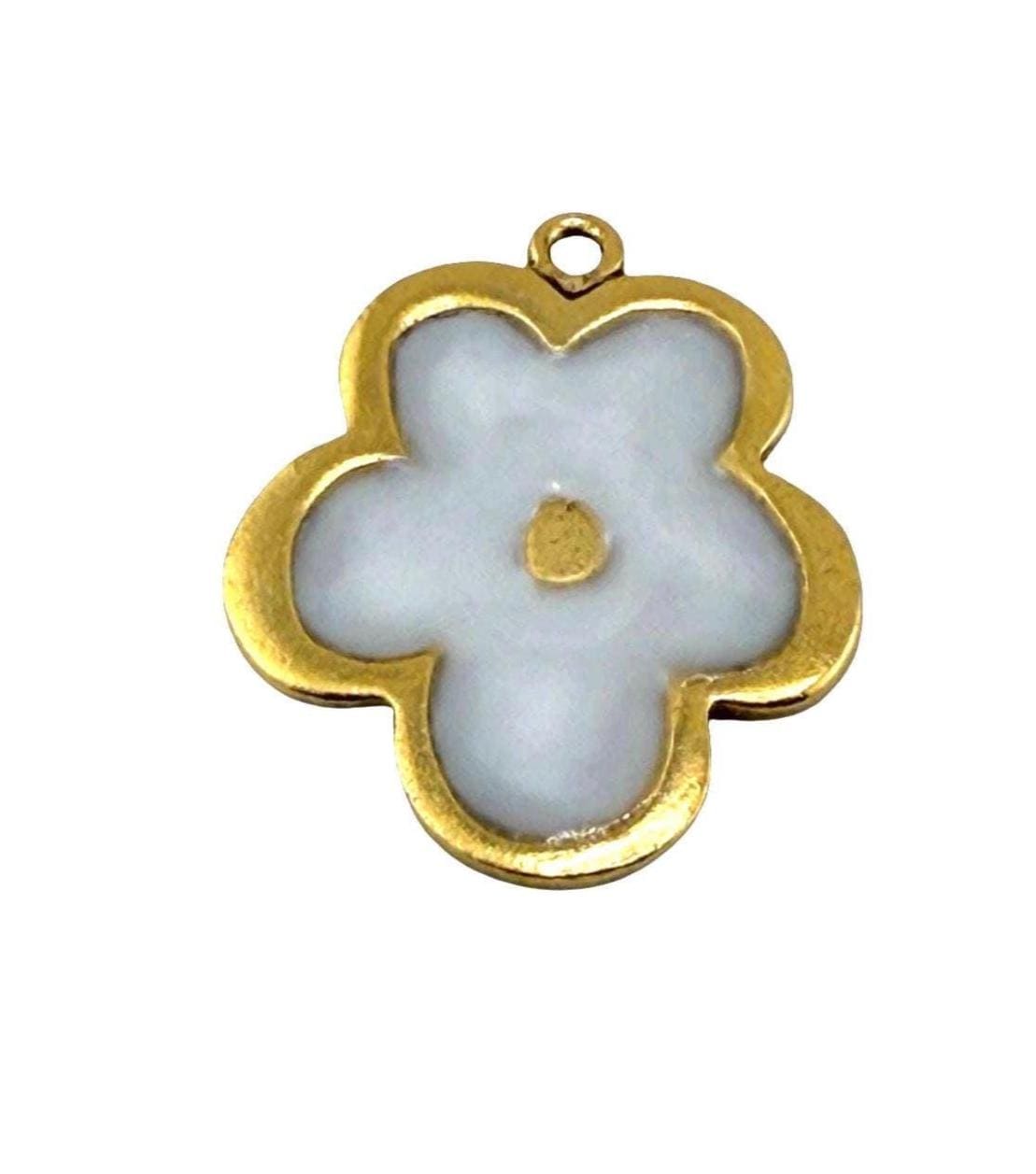White Resin Boho Flower Charm, Antiqued Gold Plated - AG771