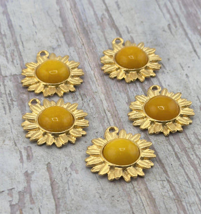Yellow Jade Flower Charm, Satin Gold Plated - ST780