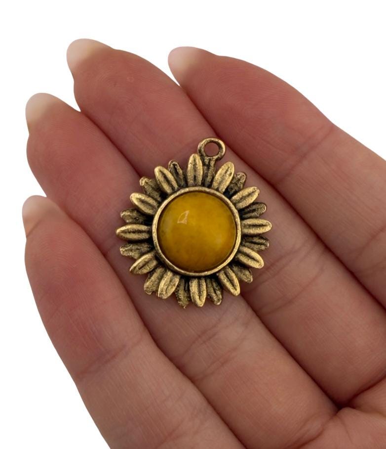 Yellow Jade Flower Charm, Antiqued Gold Plated - AG781