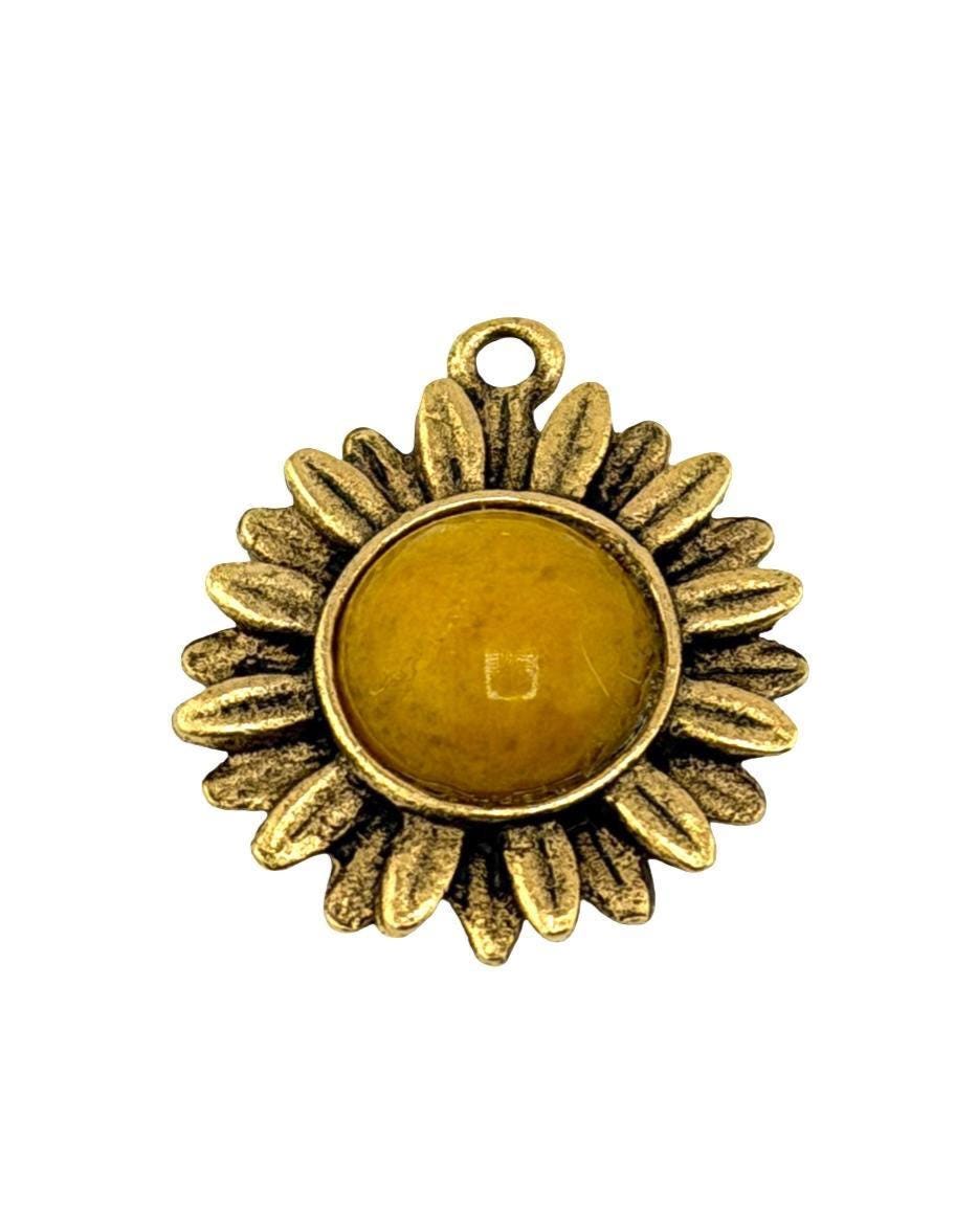Yellow Jade Flower Charm, Antiqued Gold Plated - AG781