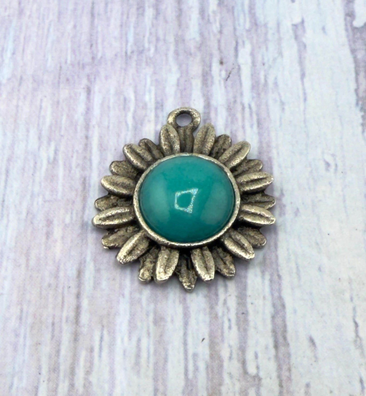 Blue Jade Flower Charm, Antiqued Pewter - PT782