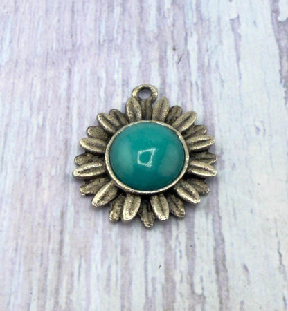 Blue Jade Flower Charm, Antiqued Pewter - PT782