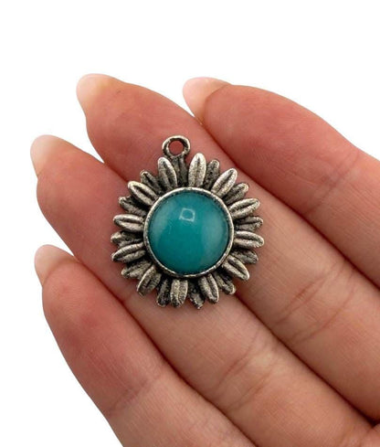 Blue Jade Flower Charm, Antiqued Pewter - PT782
