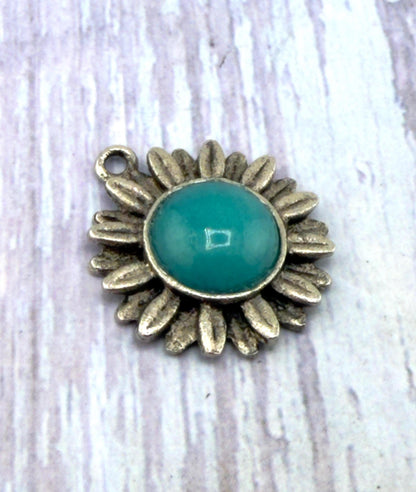 Blue Jade Flower Charm, Antiqued Pewter - PT782