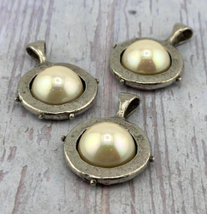 Large White Pearl Charm, Antiqued Pewter, Oversized Pendant, DIY Jewelry Making Supplies,Wholesale Bulk Statement Bail Components, PT776