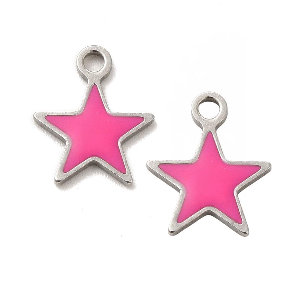 (2 count) Hot Pink Tiny Star Charms, Stainless Steel and Enamel - S015