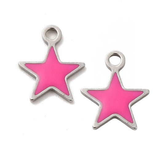(2 count) Hot Pink Tiny Star Charms, Stainless Steel and Enamel - S015