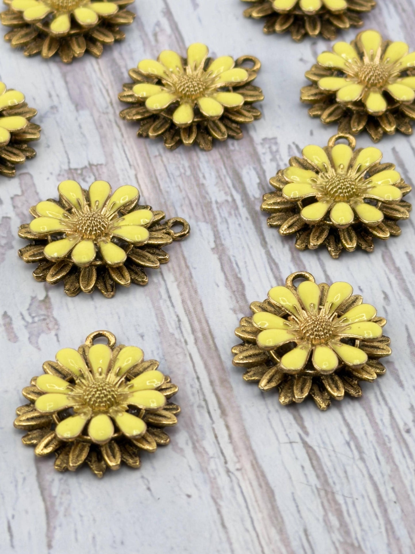 Butter Yellow 3D Enamel Flower Charm, Antiqued 18K Gold - AG794