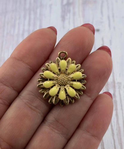 Butter Yellow 3D Enamel Flower Charm, Antiqued 18K Gold - AG794