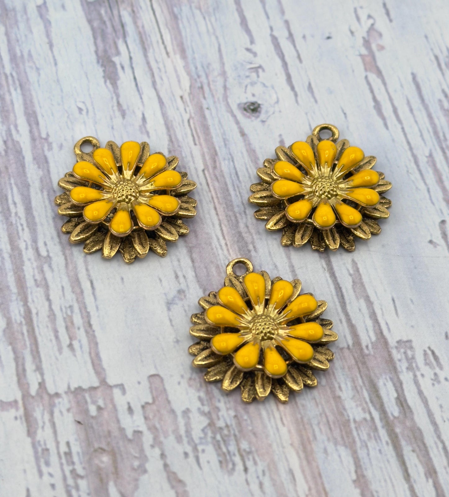 Lemon Yellow 3D Enamel Flower Charm, Antiqued 18K Gold - AG793
