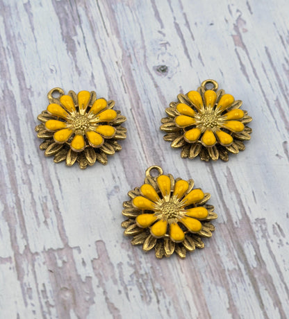Lemon Yellow 3D Enamel Flower Charm, Antiqued 18K Gold - AG793