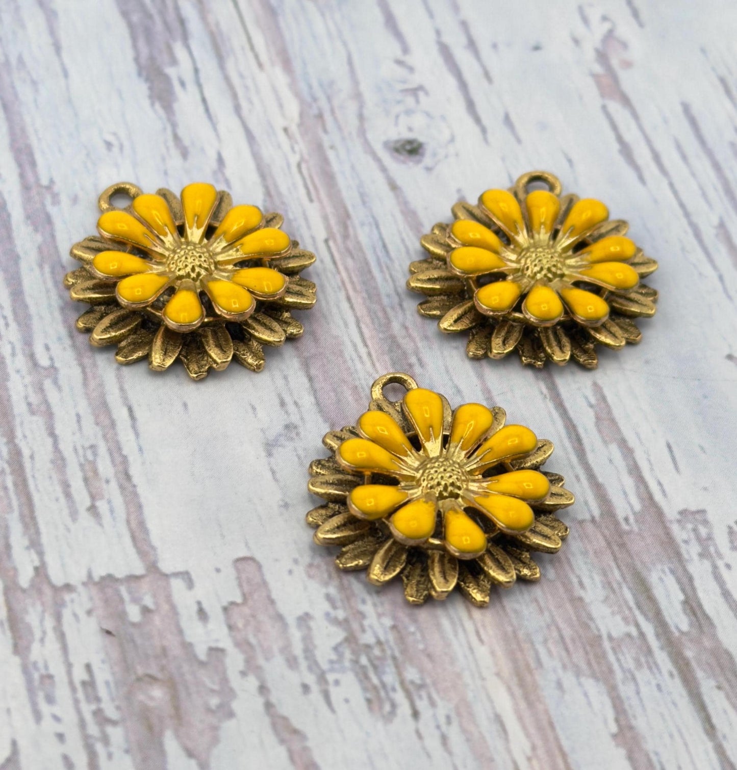 Lemon Yellow 3D Enamel Flower Charm, Antiqued 18K Gold - AG793