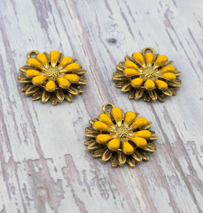 Lemon Yellow 3D Enamel Flower Charm, Antiqued 18K Gold - AG793