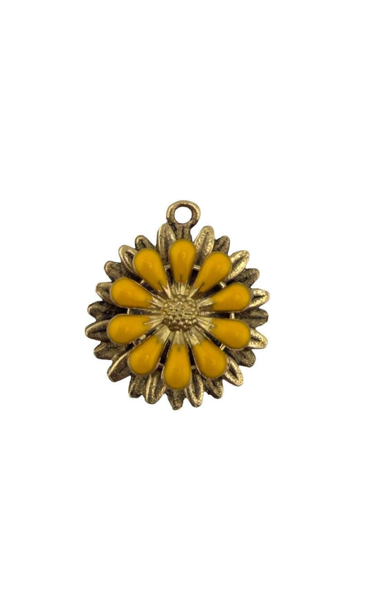 Lemon Yellow 3D Enamel Flower Charm, Antiqued 18K Gold - AG793