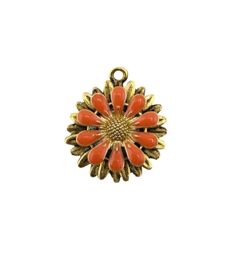 Burnt Orange Flower Charm, Antiqued Gold Plated - AG796