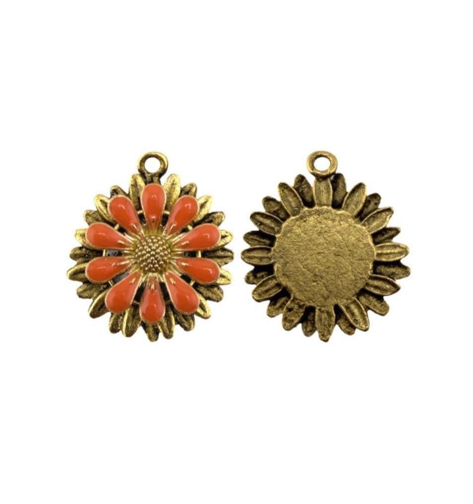 Burnt Orange Flower Charm, Antiqued Gold Plated - AG796