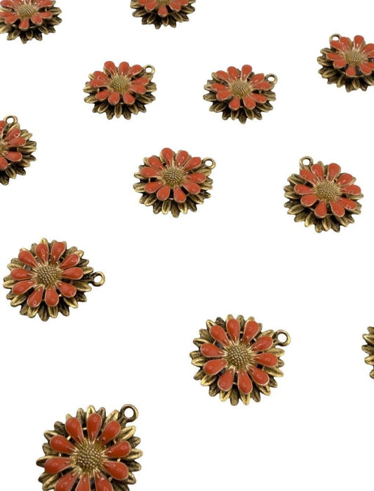 Burnt Orange Flower Charm, Antiqued Gold Plated - AG796