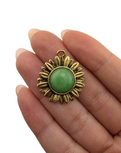 Green Jade Flower Charm, Antiqued 18K Gold Plated - AG643