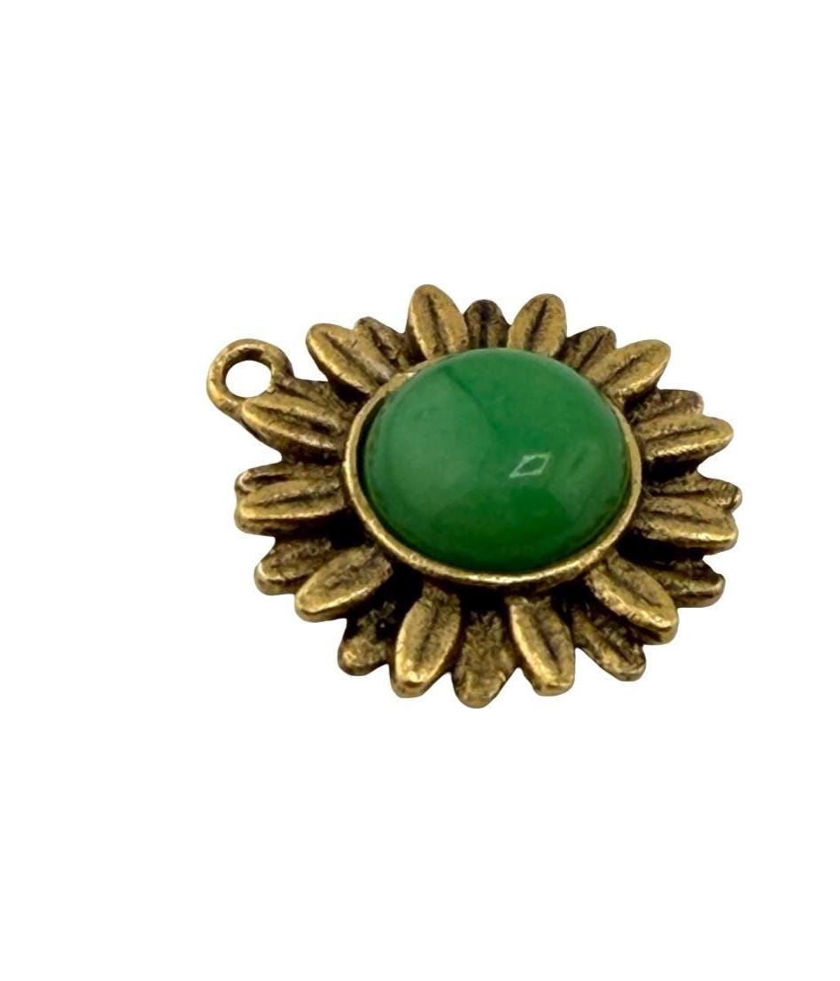 Green Jade Flower Charm, Antiqued 18K Gold Plated - AG643