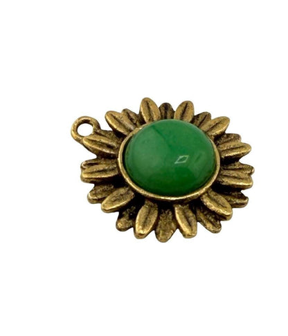 Green Jade Flower Charm, Antiqued 18K Gold Plated - AG643