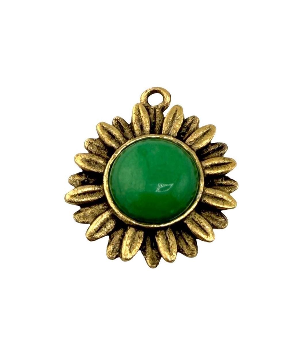 Green Jade Flower Charm, Antiqued 18K Gold Plated - AG643