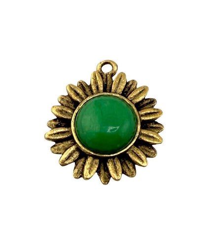 Green Jade Flower Charm, Antiqued 18K Gold Plated - AG643