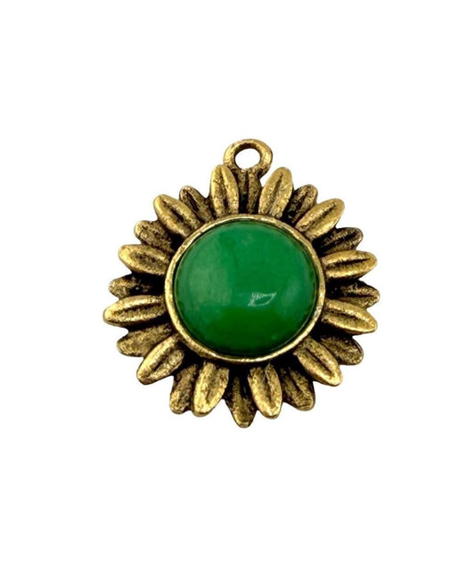 Green Jade Flower Charm, Antiqued 18K Gold Plated - AG643