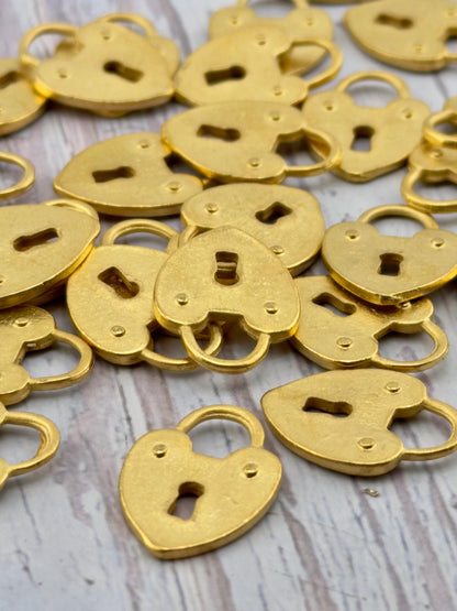 Small Heart Padlock Charm, Satin Gold Plated - ST285