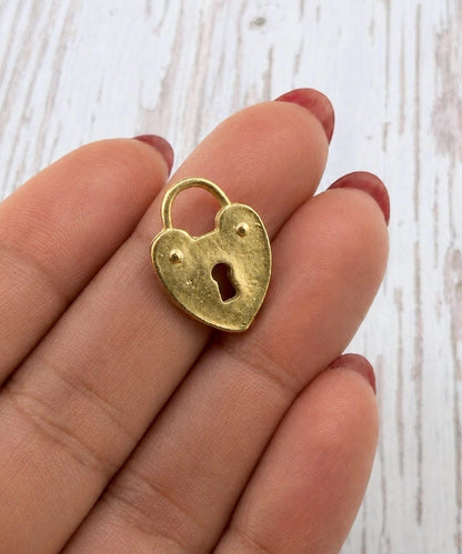 Small Heart Padlock Charm, Satin Gold Plated - ST285