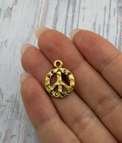 Hammered Peace Sign Charm, Antiqued Gold Plated - AG769