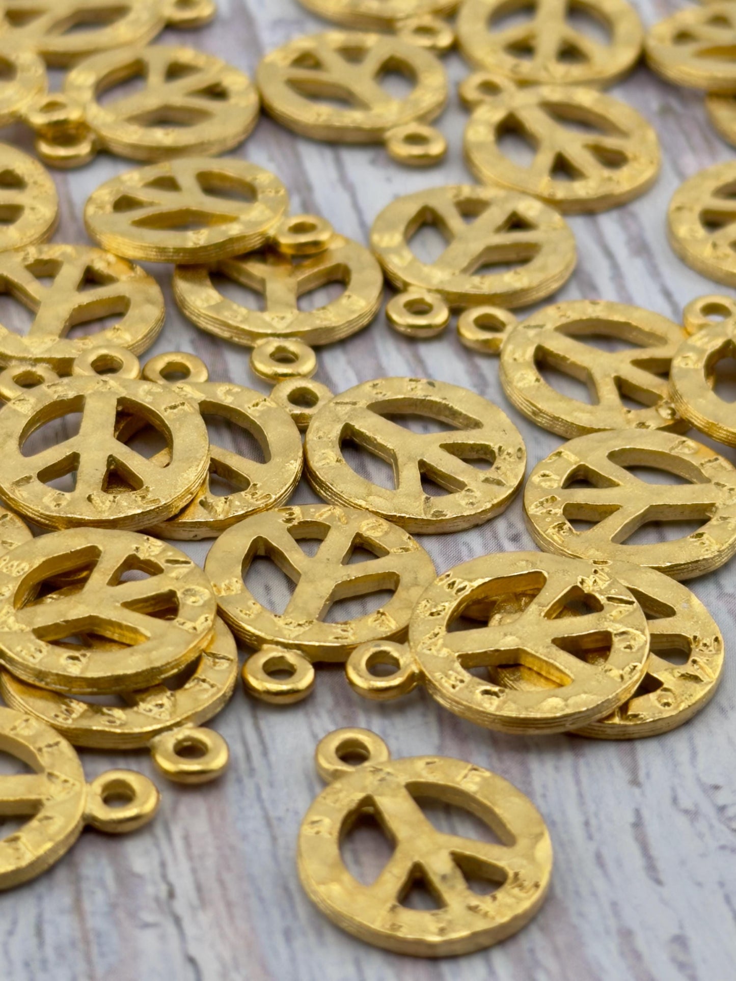 Hammered Peace Sign Charm, Satin Gold Plated - ST764