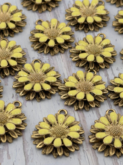 Butter Yellow 3D Enamel Flower Charm, Antiqued 18K Gold - AG794