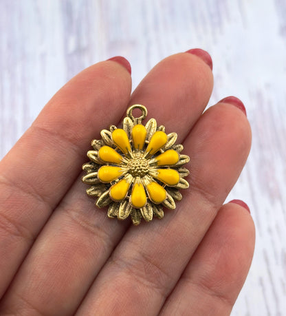 Lemon Yellow 3D Enamel Flower Charm, Antiqued 18K Gold - AG793