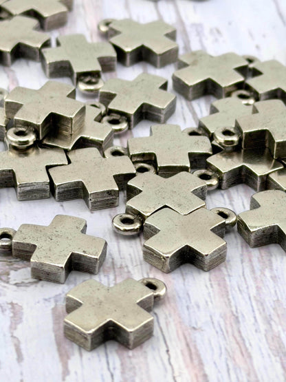 Square Small Cross Charm, Antiqued Pewter - PT762