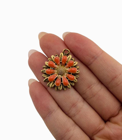 Burnt Orange Flower Charm, Antiqued Gold Plated - AG796