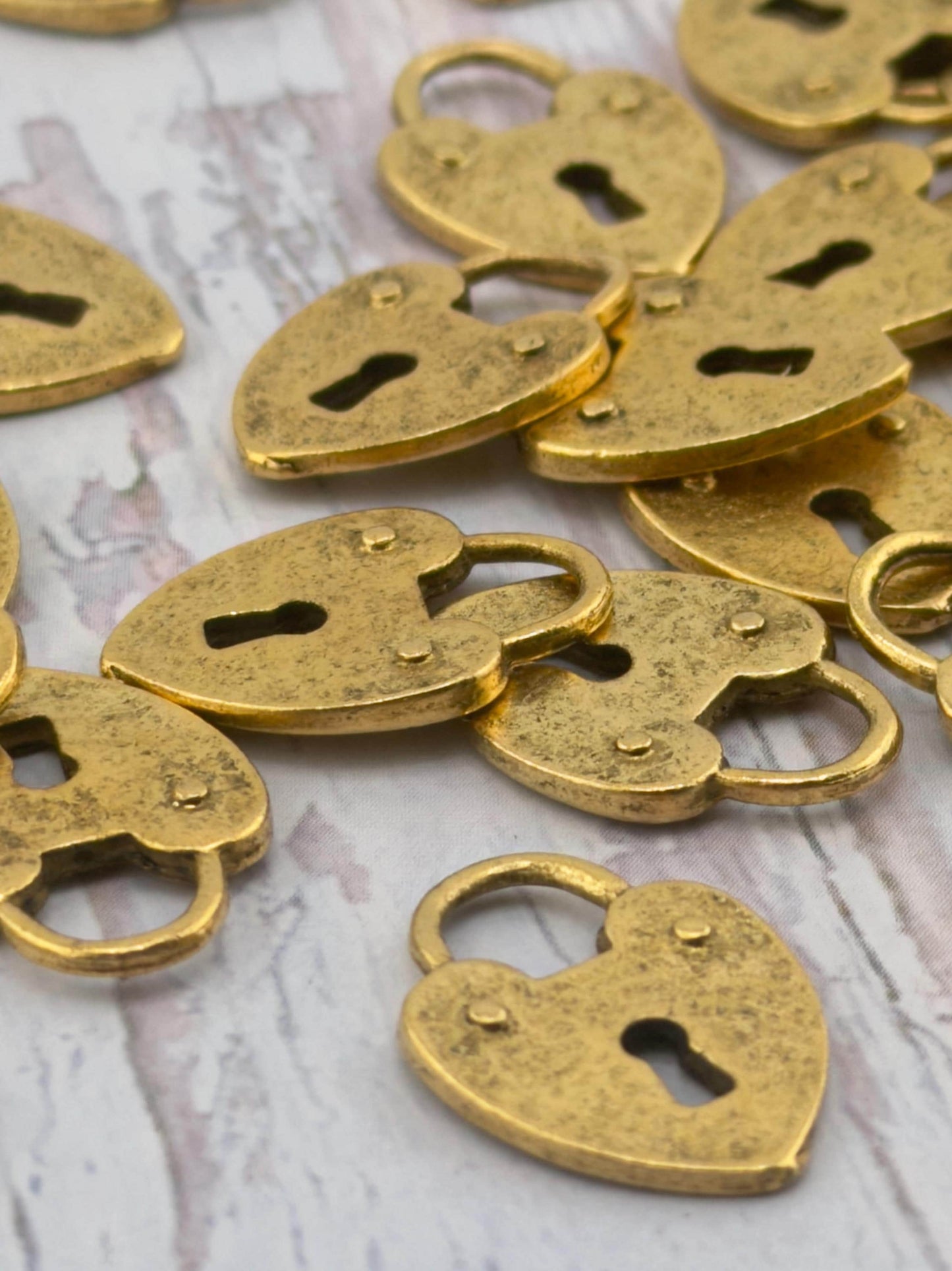Small Heart Padlock Charm, Antiqued Gold Plated - AG105