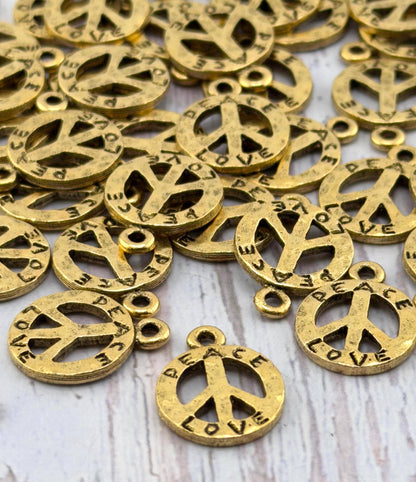 Hammered Peace Sign Charm, Antiqued Gold Plated - AG769