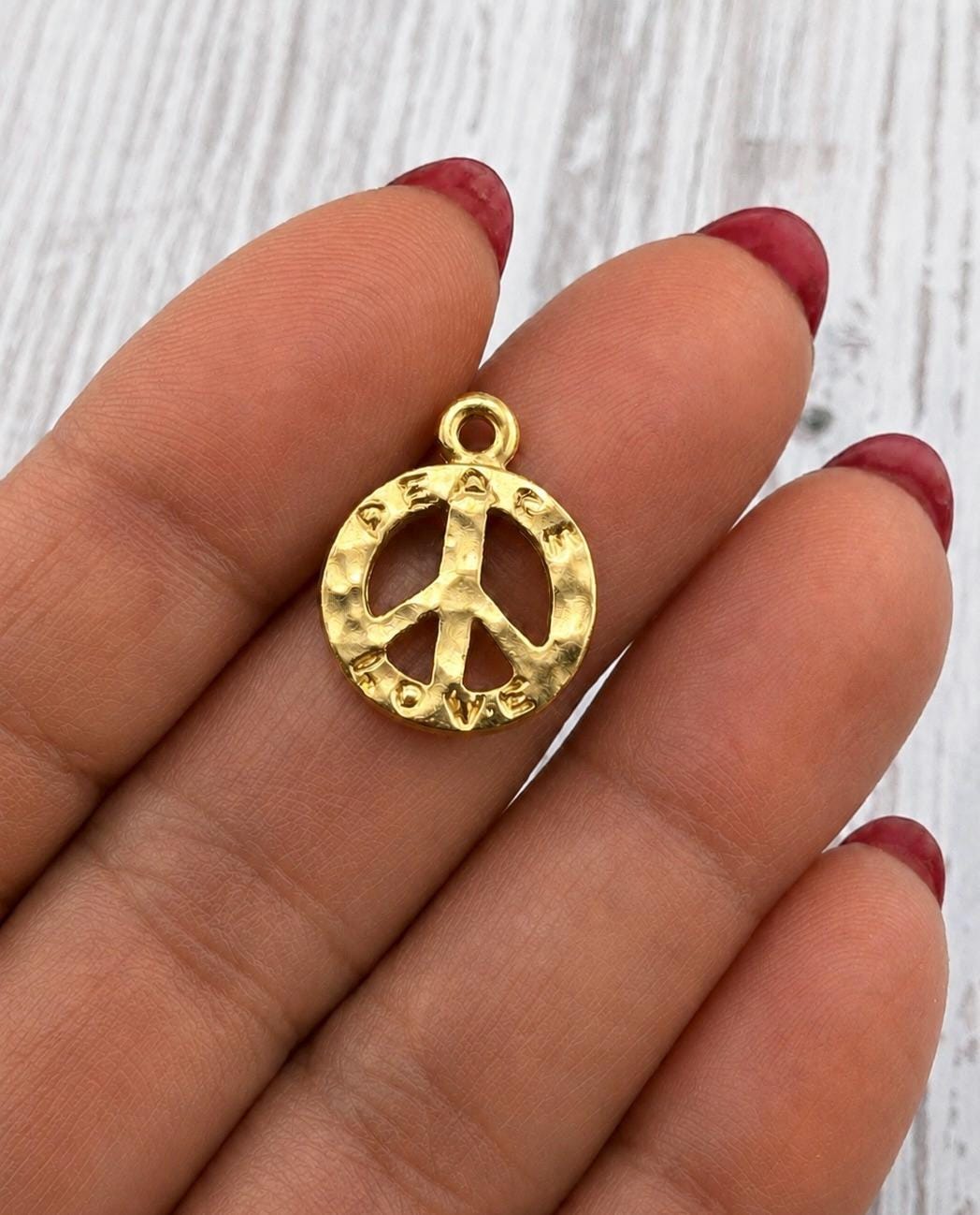 Hammered Peace Sign Charm, Satin Gold Plated - ST764