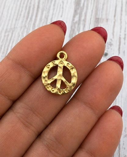 Hammered Peace Sign Charm, Satin Gold Plated - ST764
