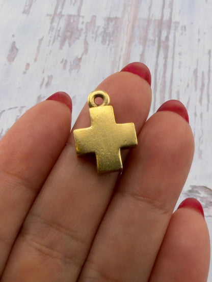 Square Small Cross Charm, Antiqued Gold Plated - AG768