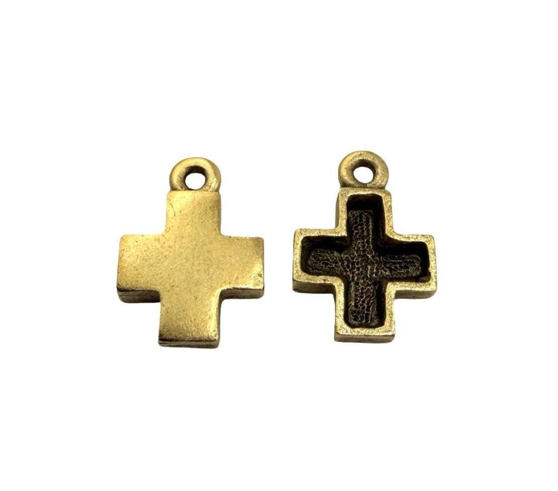 Square Small Cross Charm, Antiqued Gold Plated - AG768