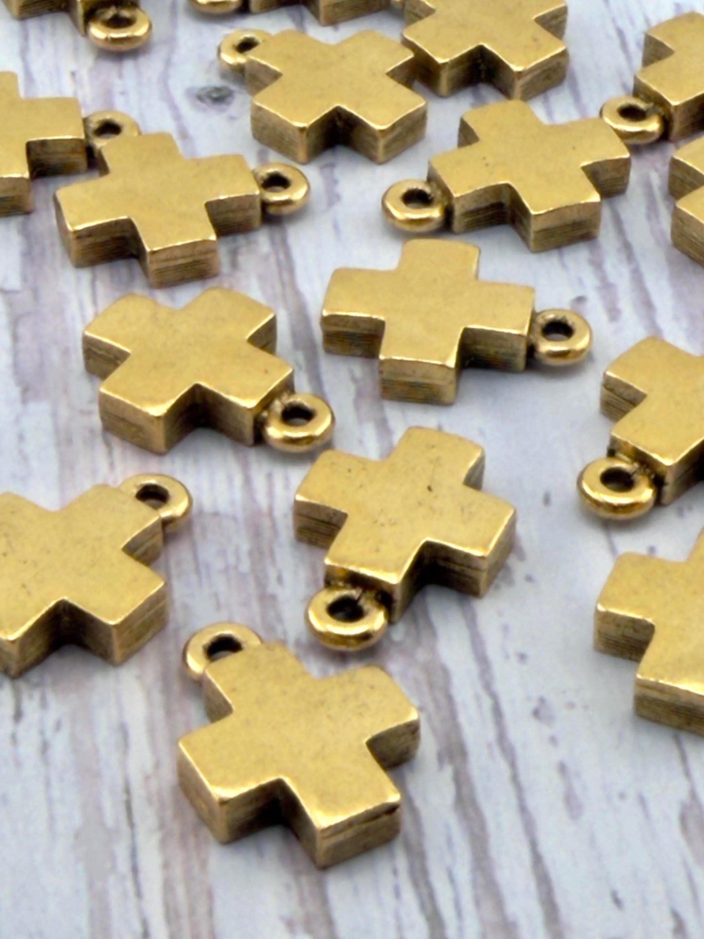 Square Small Cross Charm, Antiqued Gold Plated - AG768