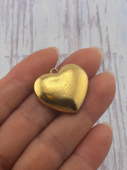 Half-Puffy Boho Heart Charm, Antiqued 18k Gold Plated - AG737