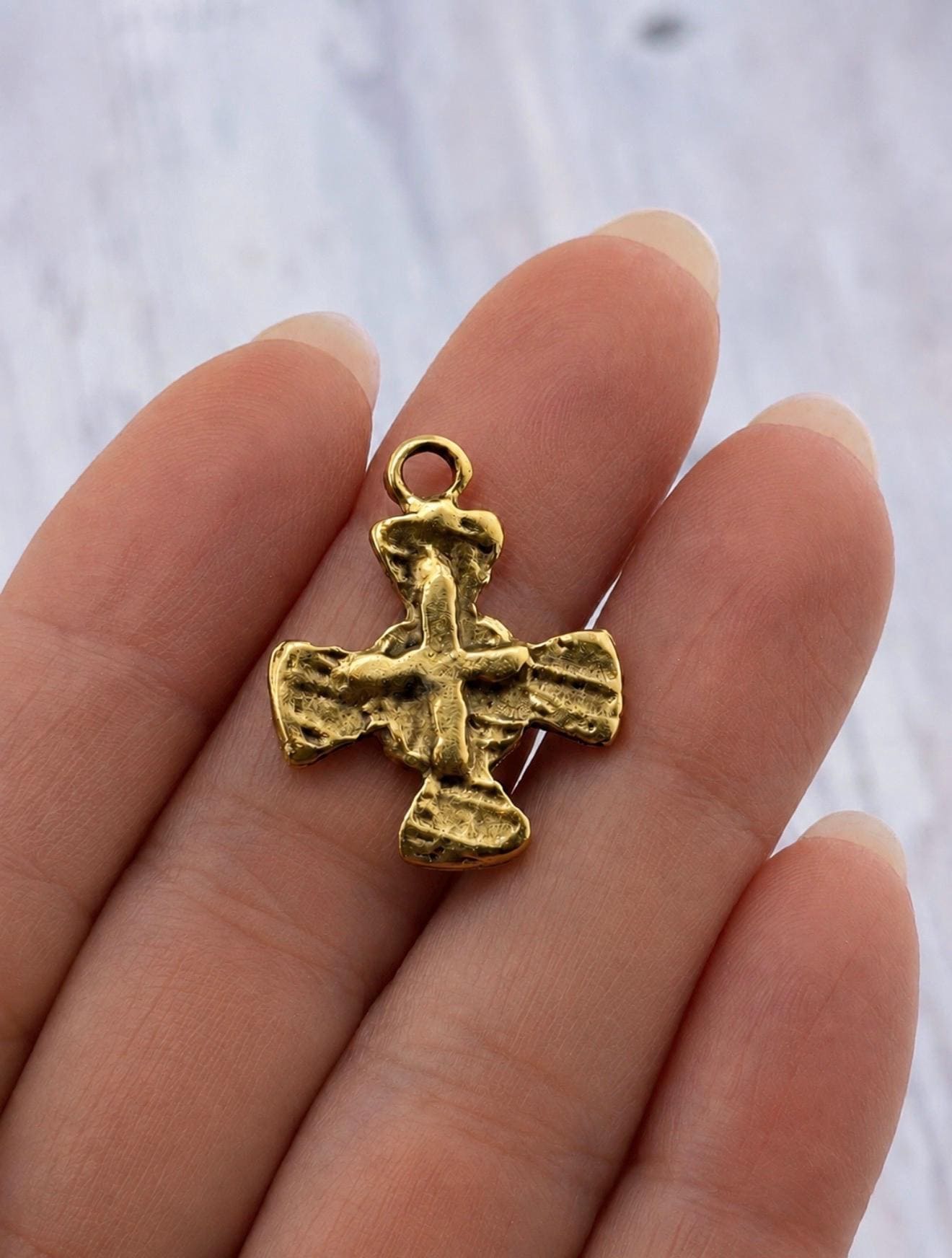 Distressed Cross Charm, Antiqued Gold Plated - AG075